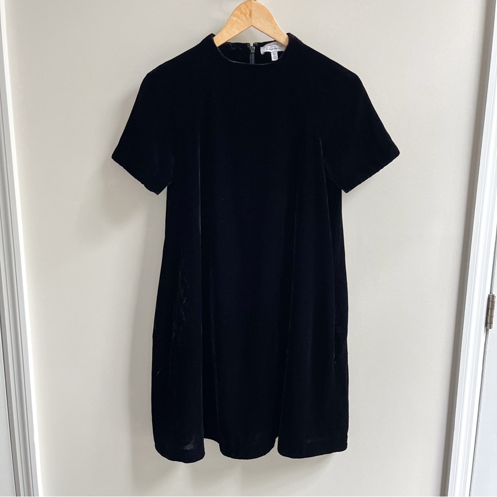 & Other Stories Plush Velvet Short Sleeve Swing Mini Dress Black 2